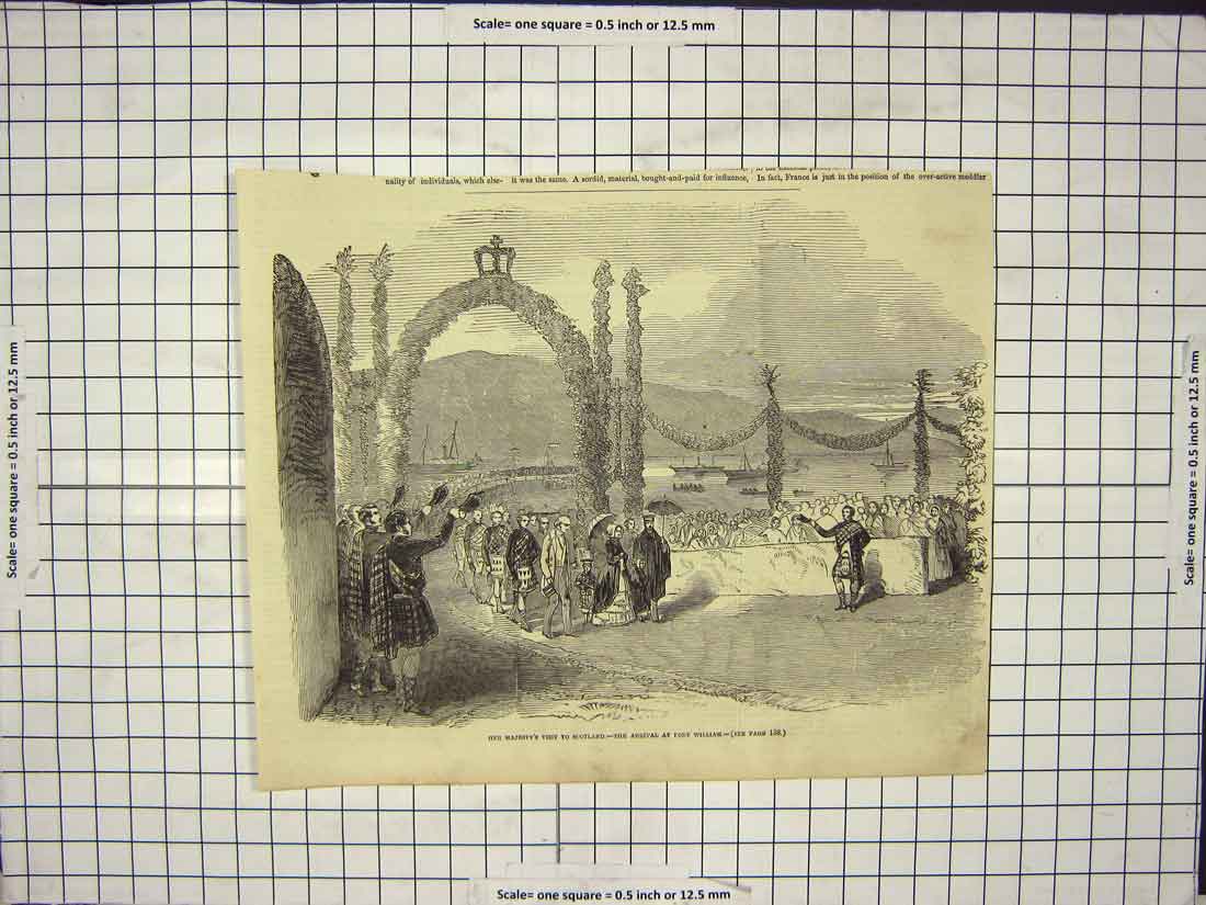 Original Old Antique Print Visit To Scotland Fort William Ceremony 19th Century