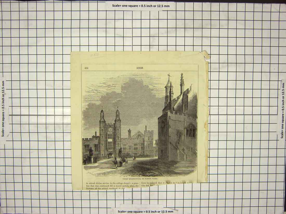 Original Old Antique Print Chief Quadrangle School Yard Students 19th