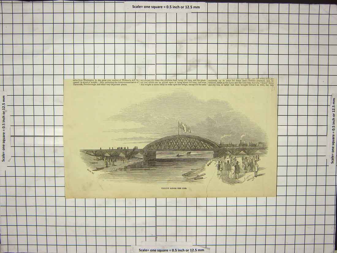 Original Old Antique Print Viaduct Across The Ouse Bridge Flags People 19th