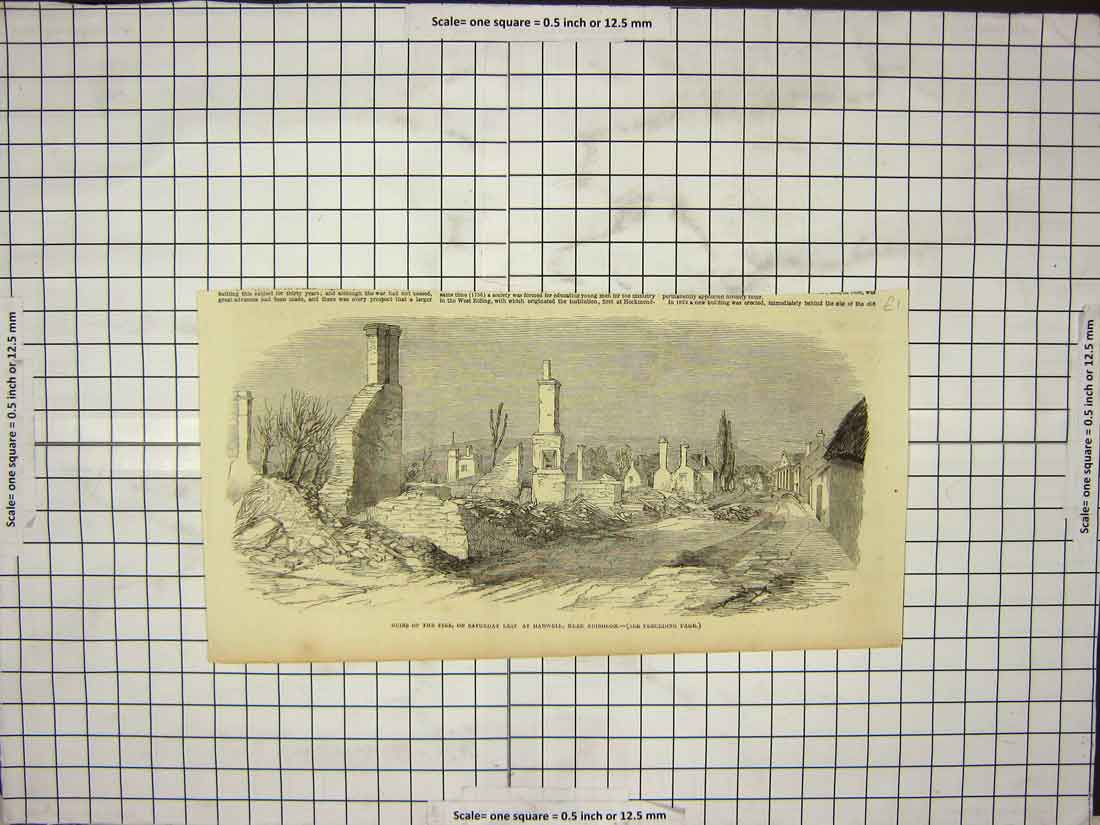 Original Old Antique Print Ruins Fire Harwell Near Abindon Burned 20th Century