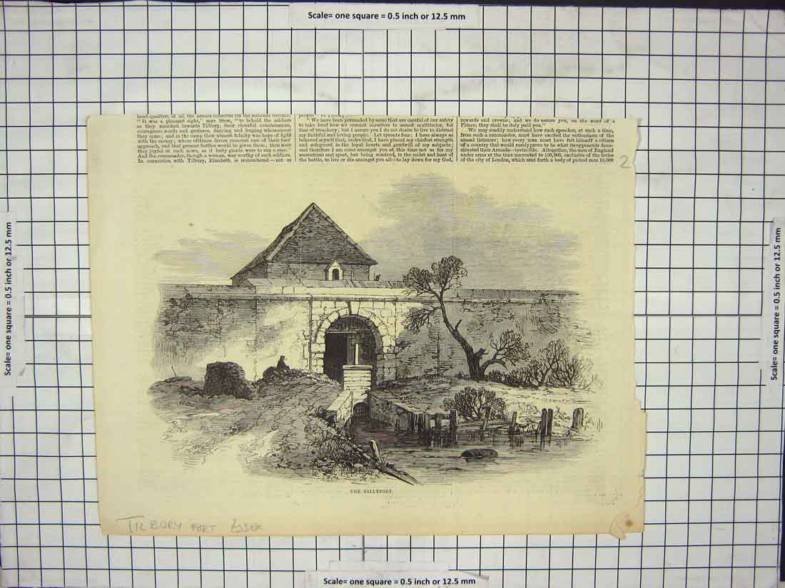 Original Old Antique Print Sallyport Tilbury Fort Essex England 20th Century