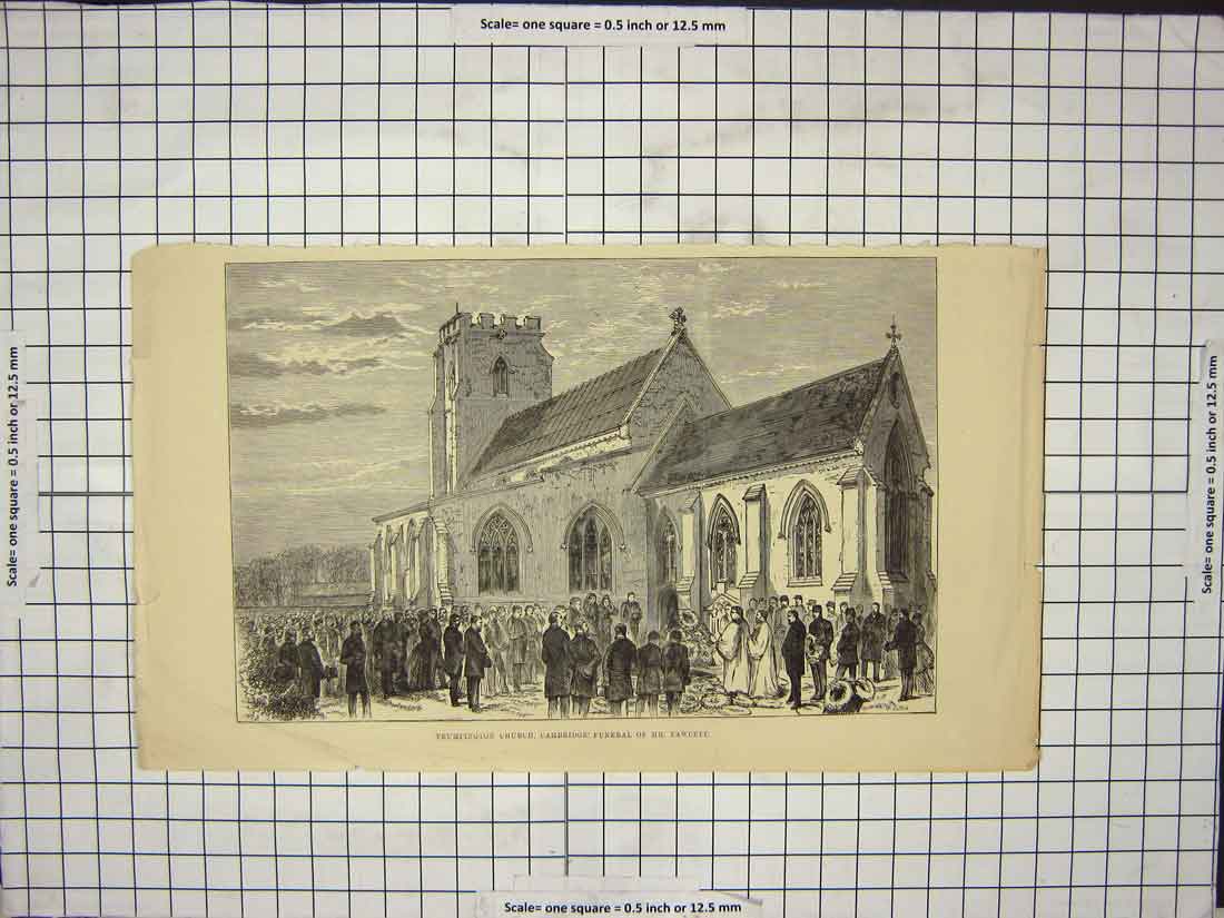 Original Old Antique Print Trumpington Church Cambridge Funeral 20th Century