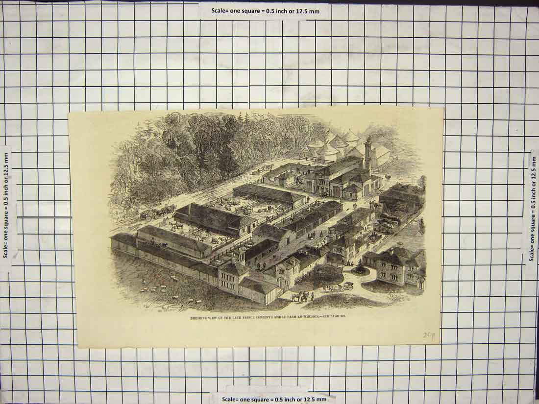Original Old Antique Print Birdseye View Windsor Farming Horse Carts 20th