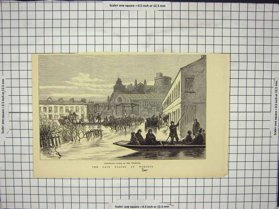 Original Old Antique Print Floods Windsor Boats Water Rowing