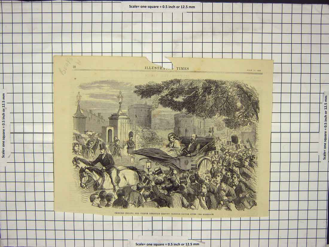 Original Old Antique Print Princess Prince Leaving Windsor Damaged