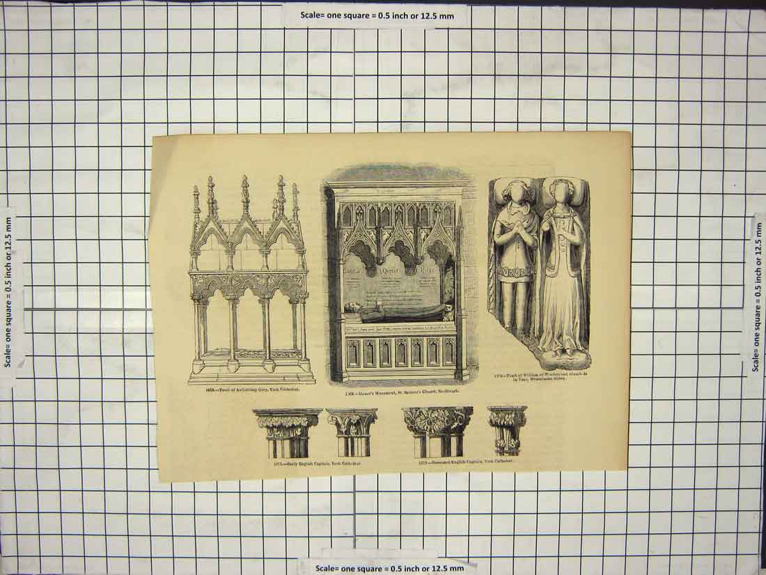 Original Old Antique Print Tombs Cathedrals Church English Capitals Prin