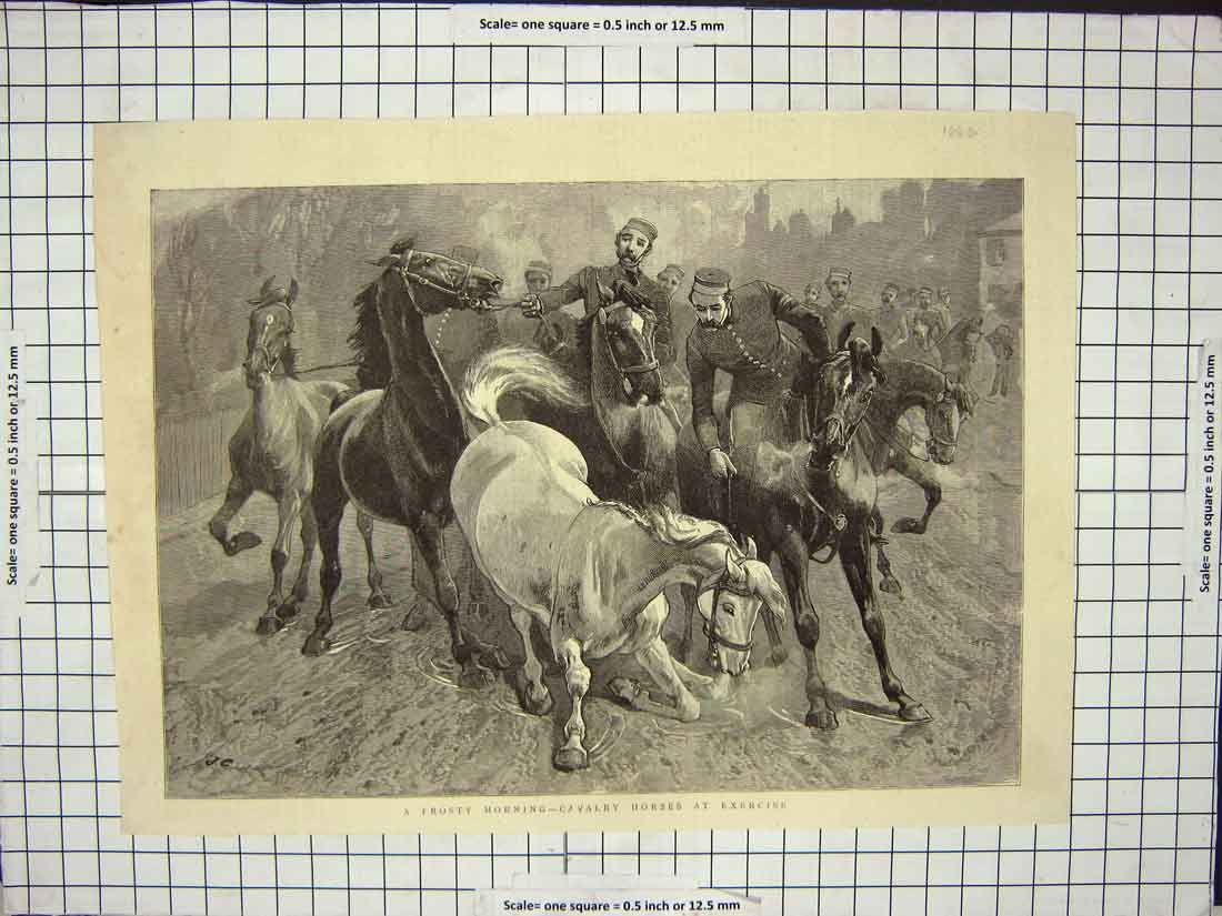 Original Old Antique Print Frost Morning Cavalry Exercise Horses