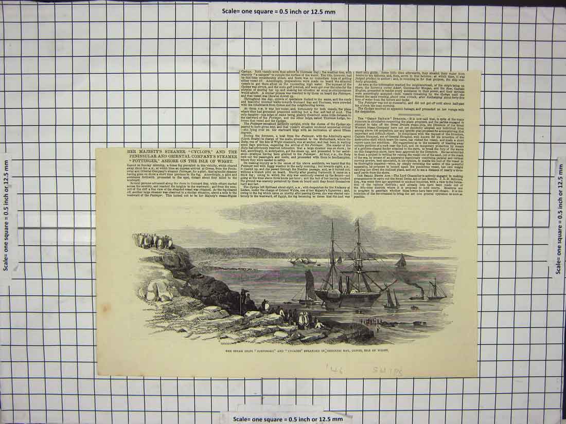 Original Old Antique Print Steam Ships Isle Wight Stranded Thorness