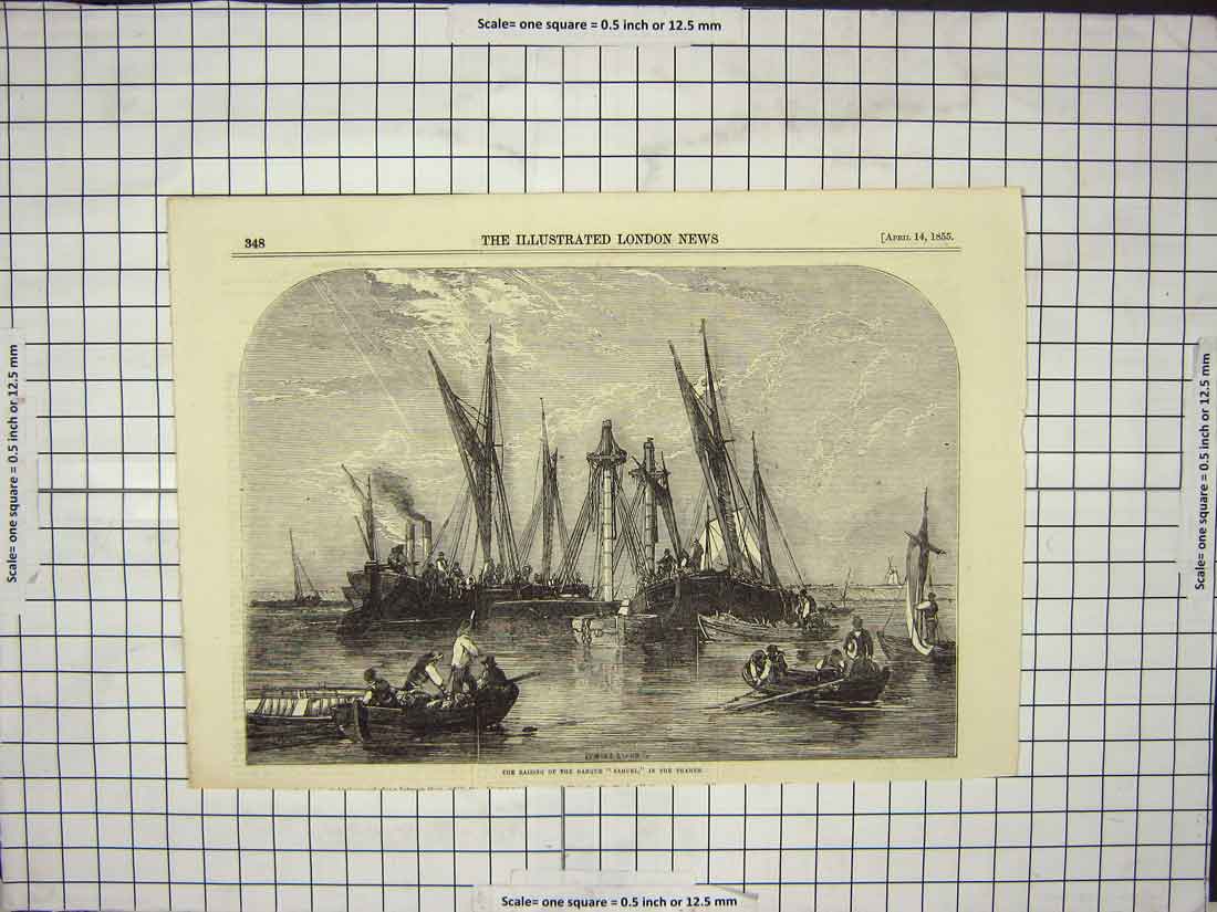 Original Old Antique Print Raising Barque Samuel The Thames Boats