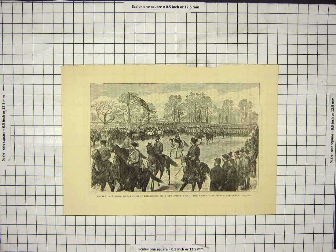 Original Old Antique Print Windsor Great Park Troops From Ashanti War