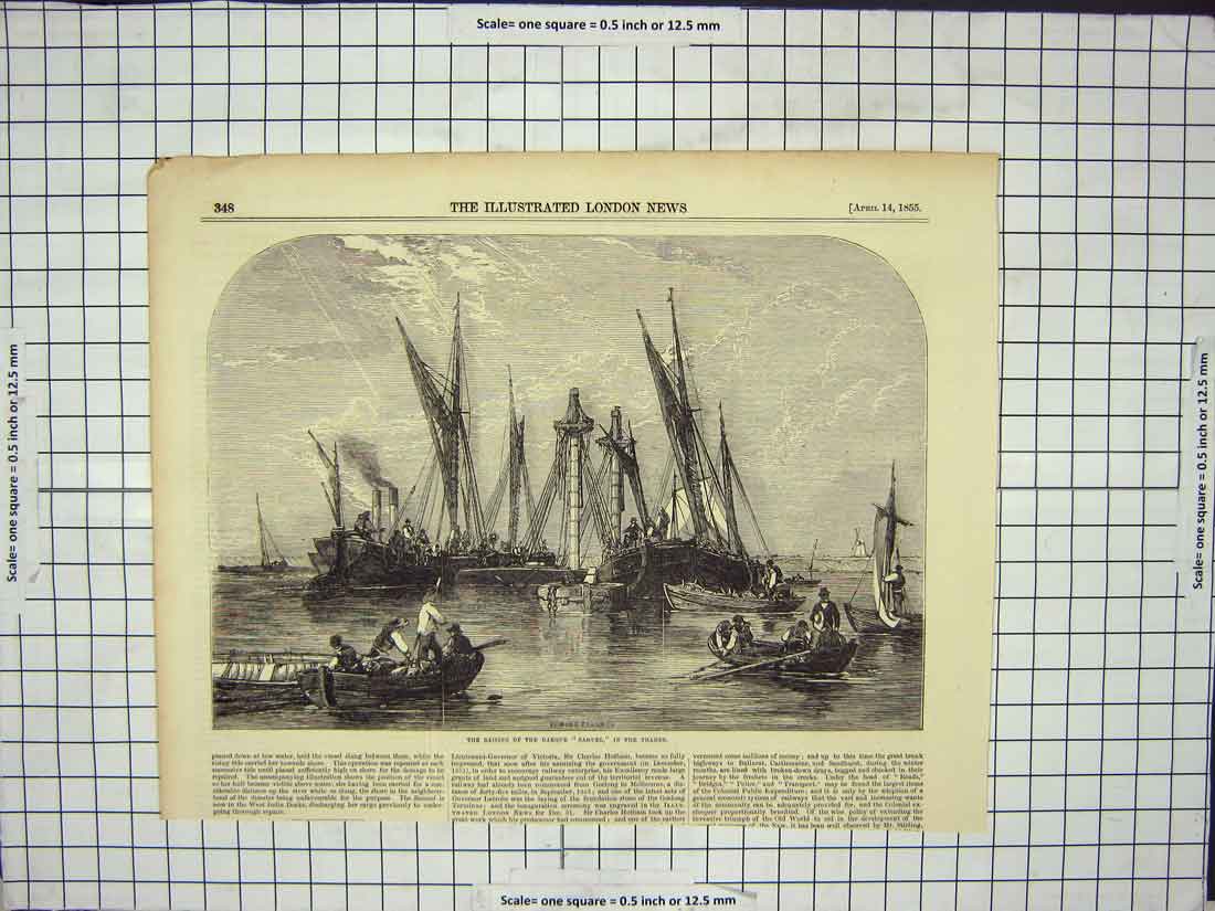 Original Old Antique Print Raising Barque Samuel In The Thames Boats