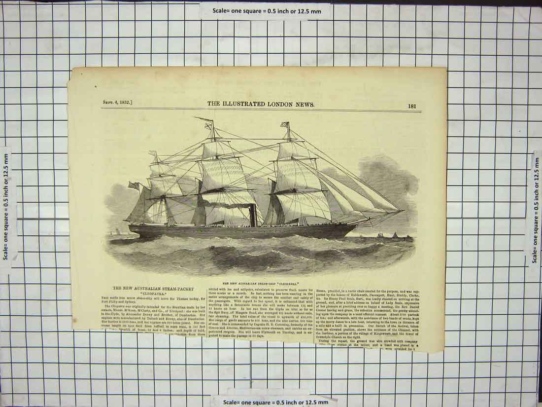 Original Old Antique Print Steam Boat Cleopatra Australian The Thames