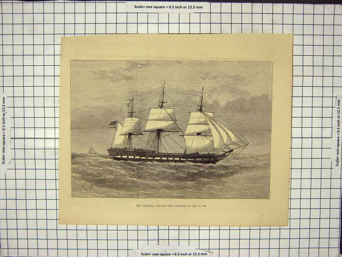 Original Old Antique Print Cospatrick Emigrant Ship Burned At Sea