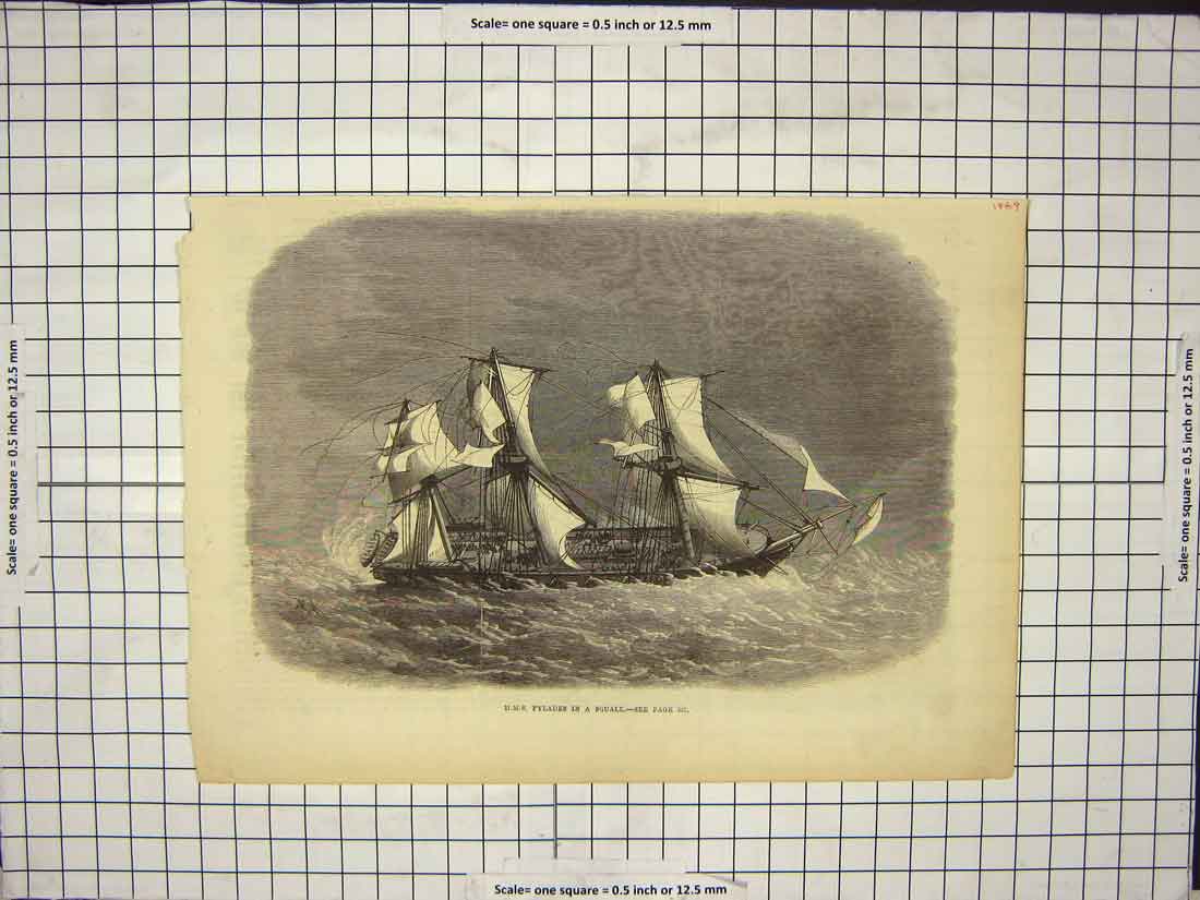 Original Old Antique Print H.M.S. Pylades In Squall Strong Waves