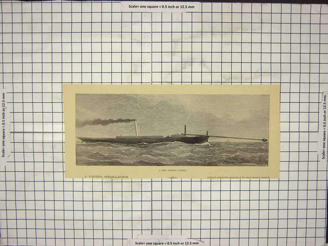 Original Old Antique Print Torpedo Launch Test Steam Powered