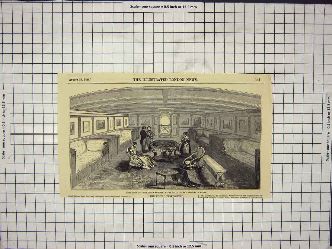 Original Old Antique Print State Cabin Queen Victoria Yacht Russia