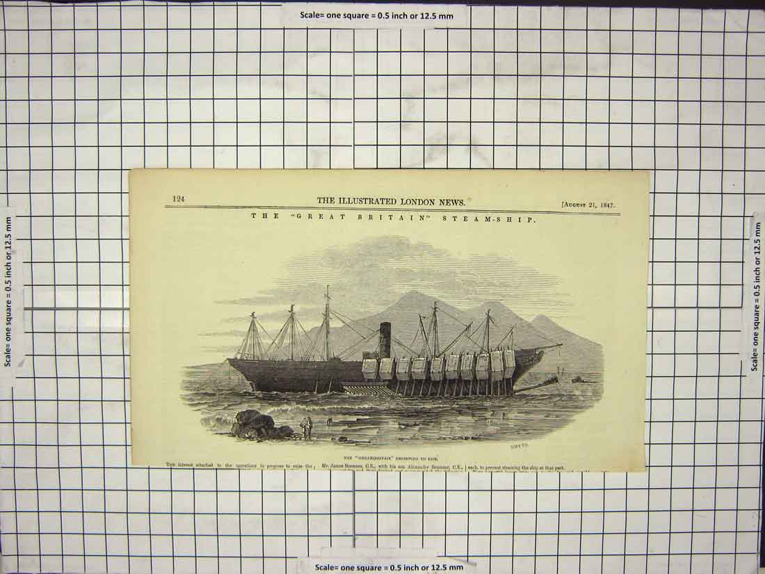 Original Old Antique Print Great Britian Rising Steam Boat Waters
