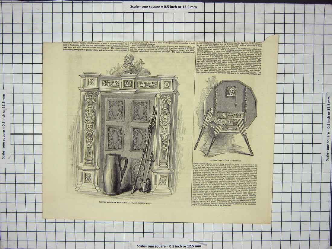 Original Old Antique Print Carved Doorway Elizabethan Table S