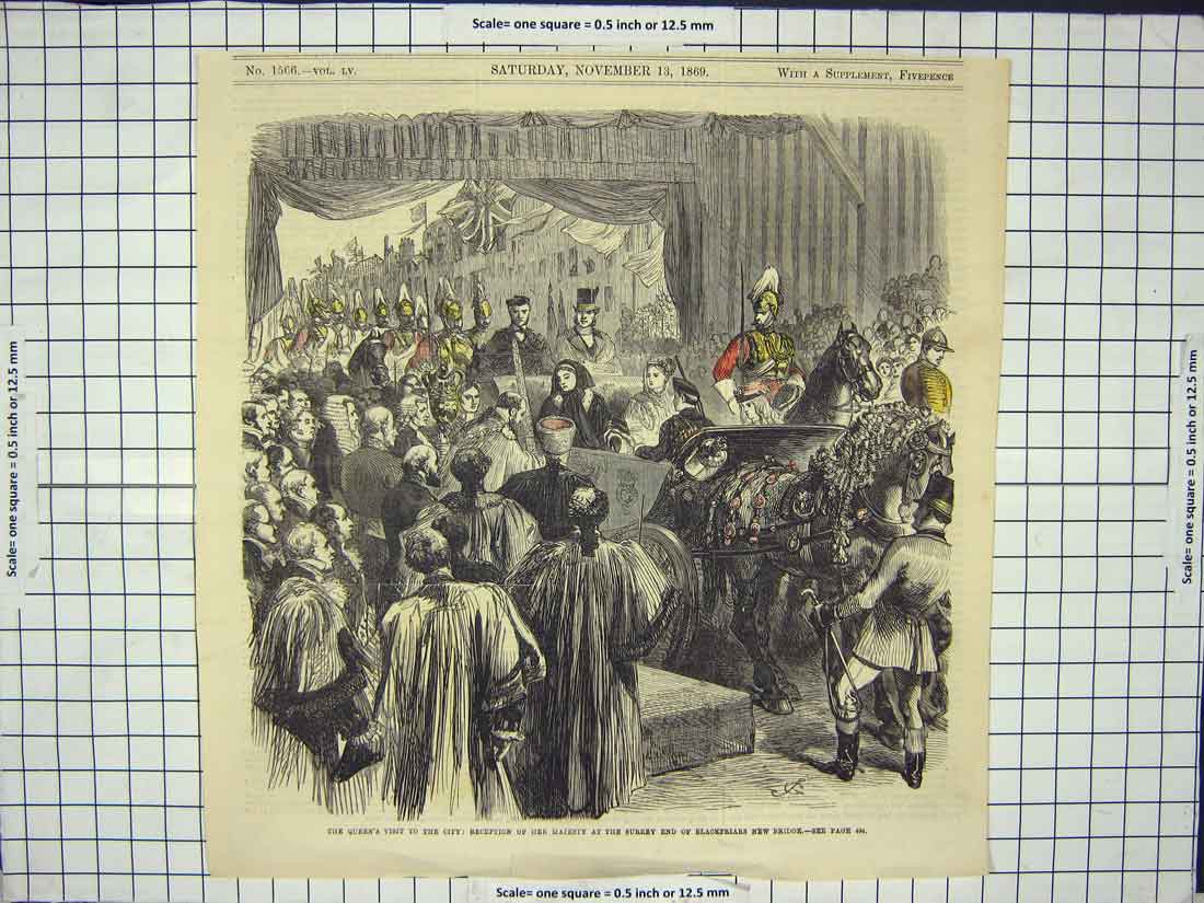 Original Old Antique Print Colour Queen'S Visit Reception At Surrey