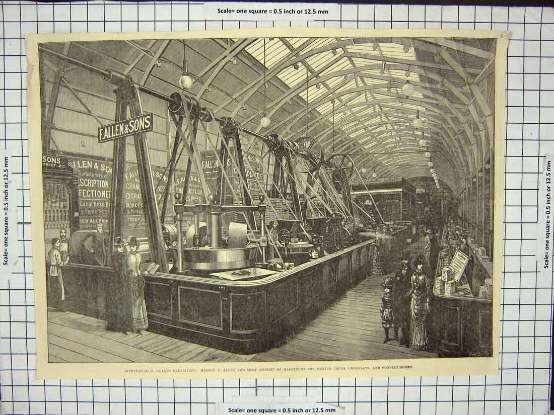 Original Old Antique Print International Health Exhibition Machinery