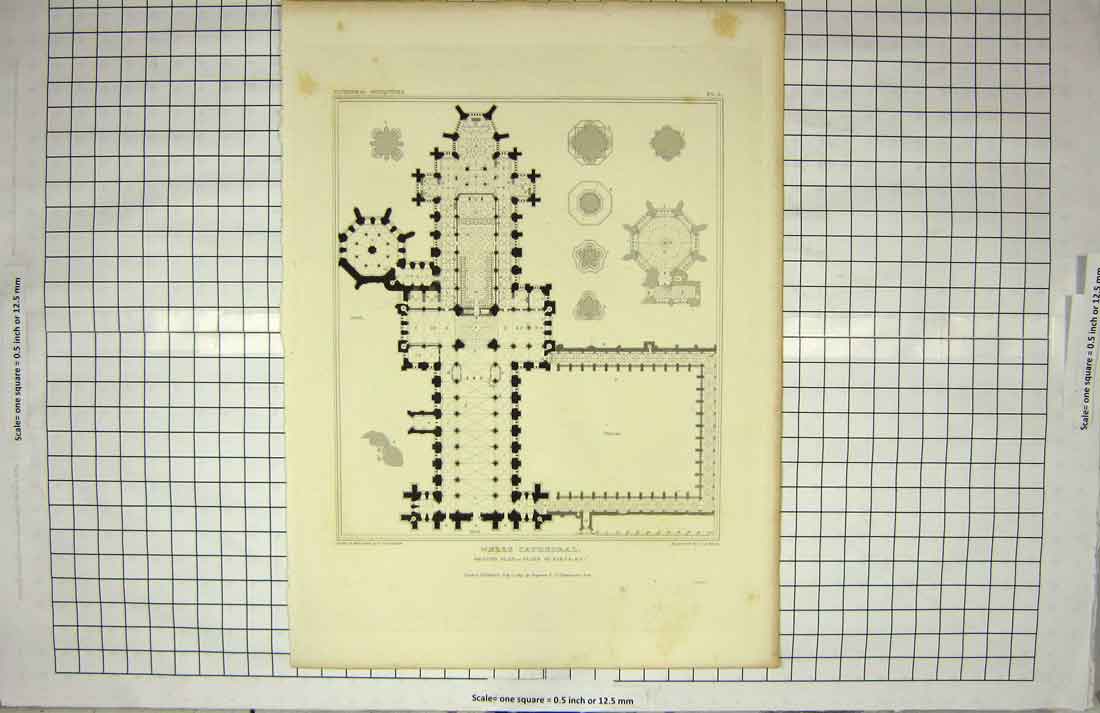 Original Old Antique Print 1823 Wells Cathedral Antiquities Ground Plan Keux