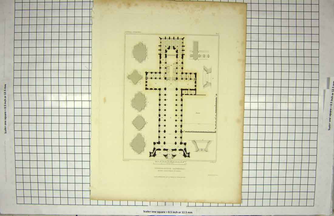 Original Old Antique Print 1827 Plan Peterbrough Cathedral Church Keux Ansted