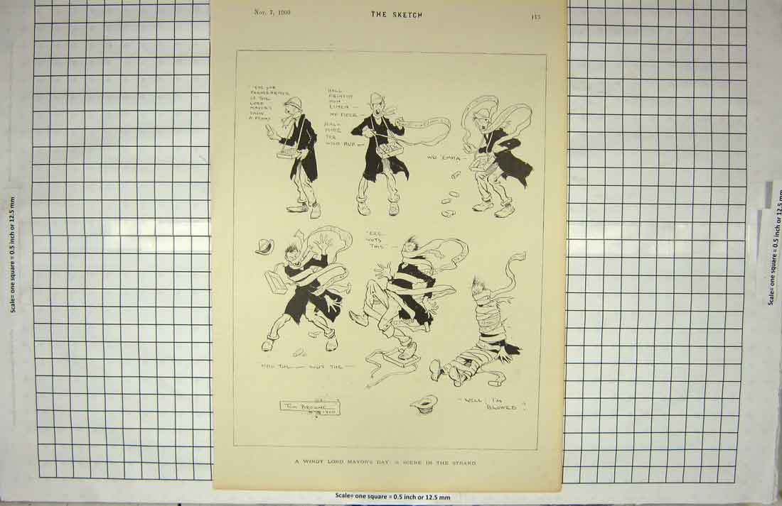 Original Old Antique Print Comedy Scene Windy Lord Mayor'S Day Strand London