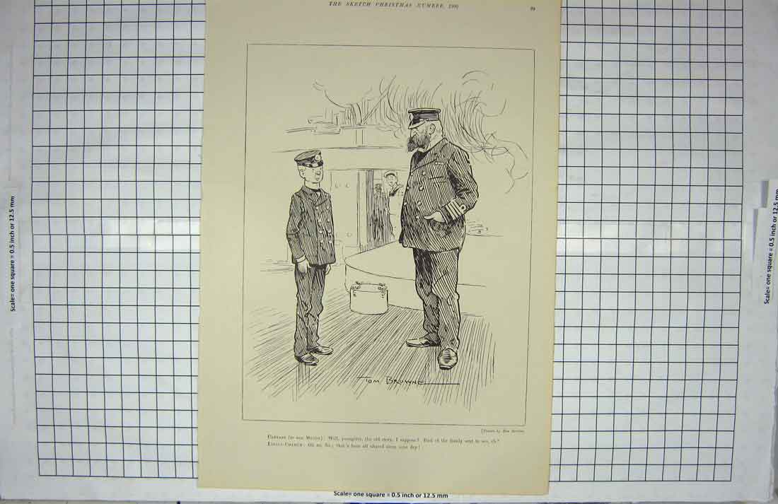 Original Old Antique Print Scene Captain Middy Navy Sailor Ship Deck