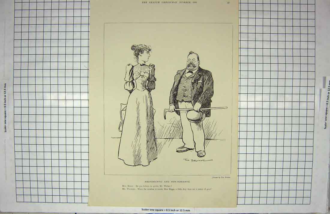 Original Old Antique Print Drawing Tom Browne Mss Miggs Walker Romance