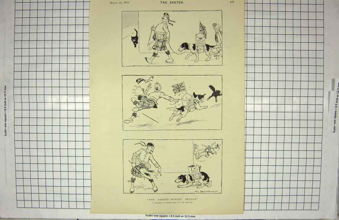 Original Old Antique Print Tom Browne Drawing Sier Beggar Dog Comedy Scene