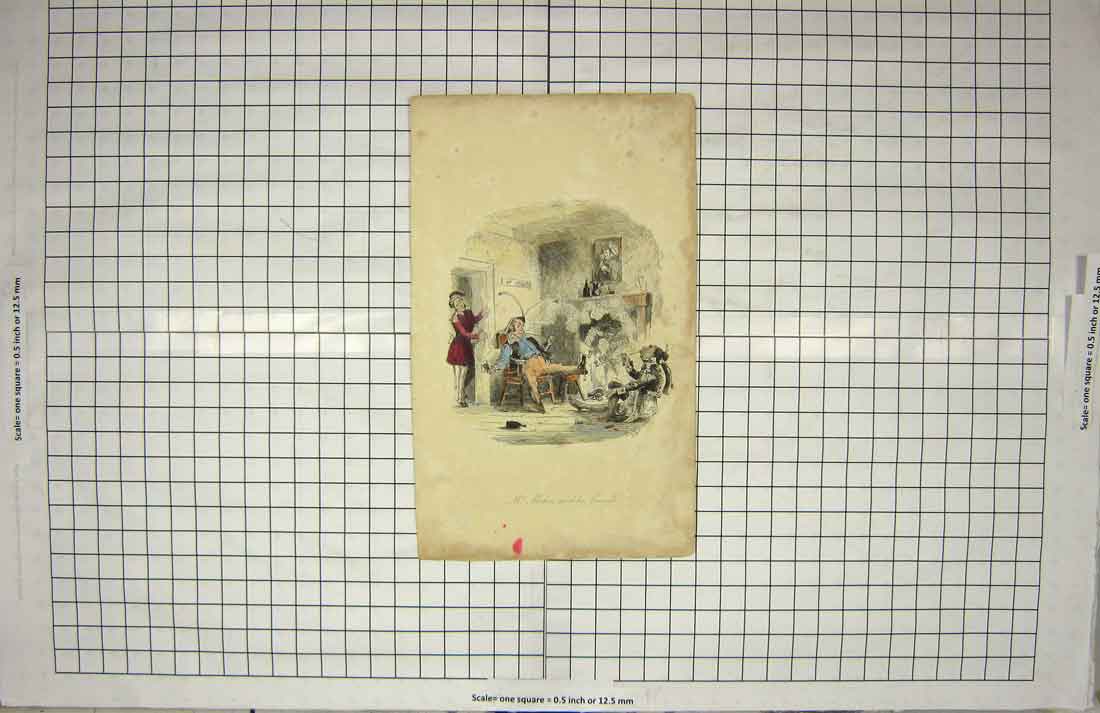 Original Old Antique Print Colour Scene Mr. Malon Friend Smokng Fireplace