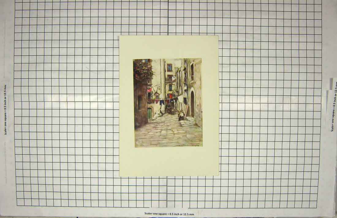 Original Old Antique Print Colour Street Scene Naples Italy Houses Washing