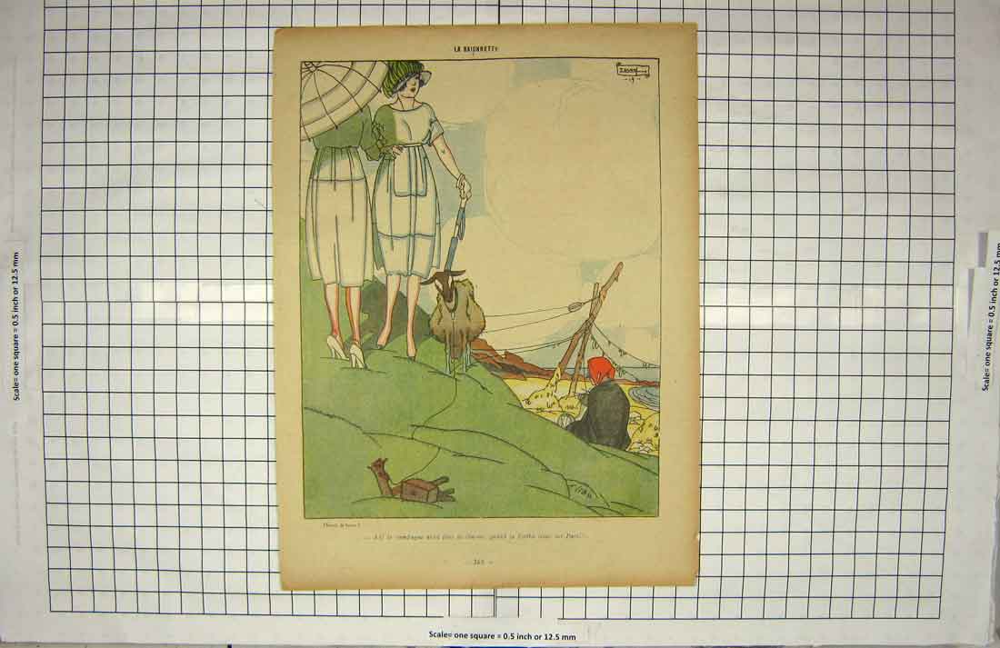 Original Old Antique Print Page French Magazine Ladies Sheep Beach Sea Fishing