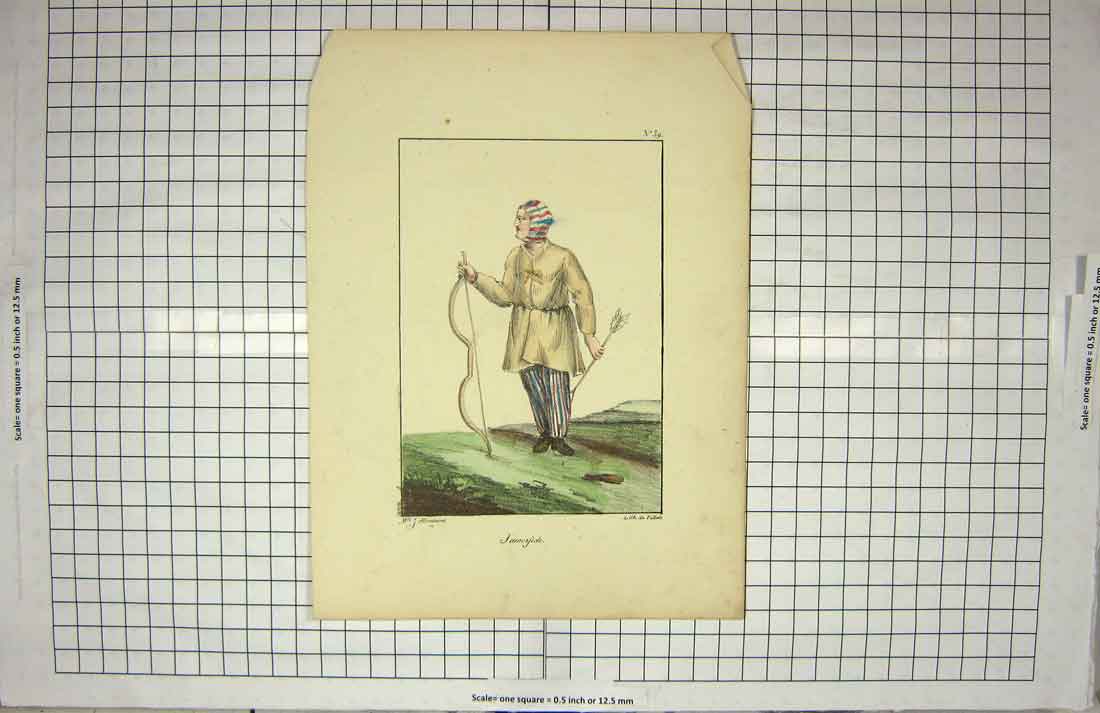 Original Old Antique Print Colour Man Bow Arrow Striped Trousers
