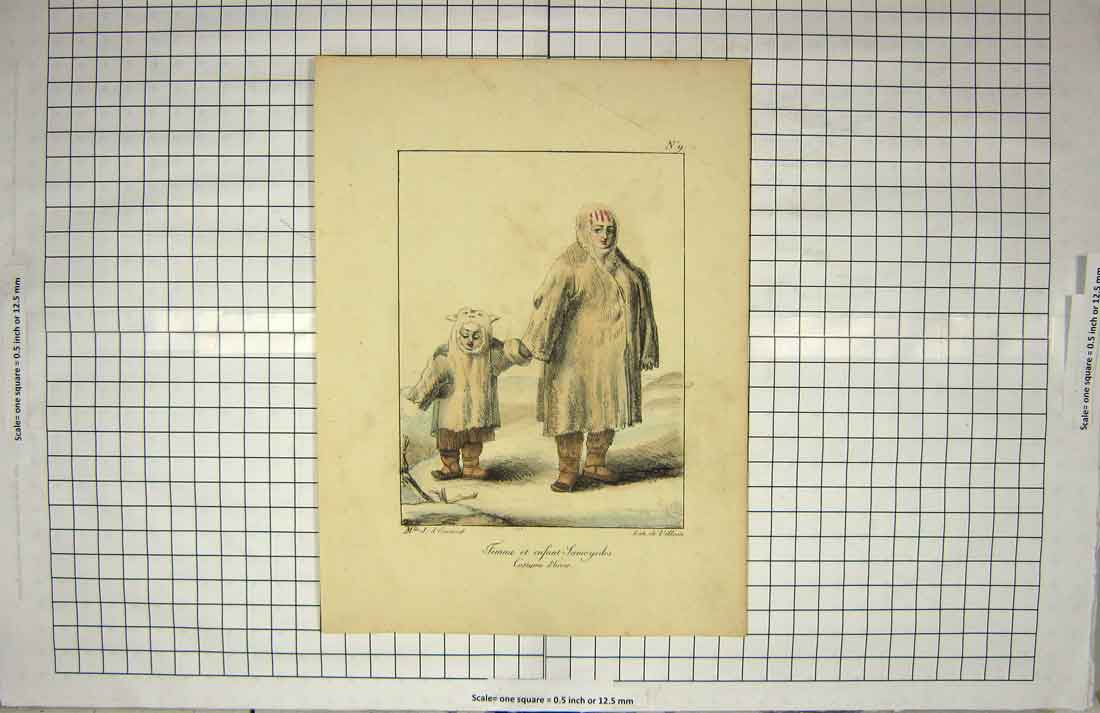 Original Old Antique Print Colour Saimoyedes Costumes Mother Child