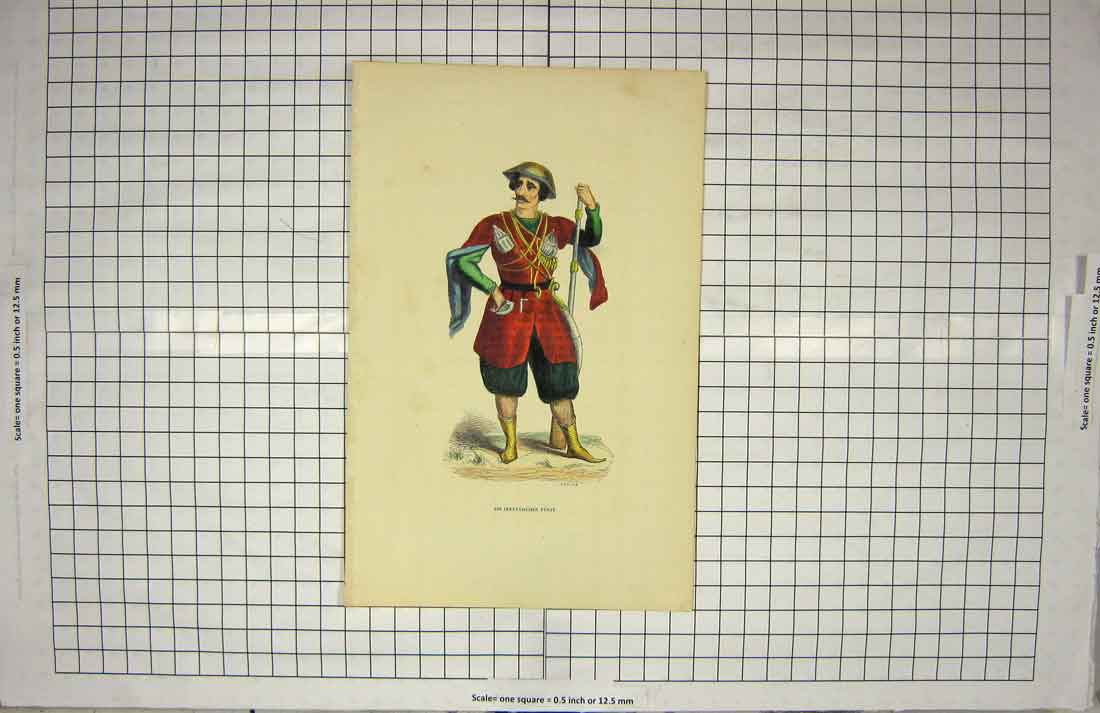 Original Old Antique Print Colour Man Costume Weapons Mercier
