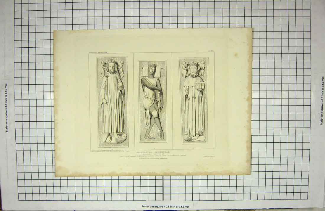 Original Old Antique Print 1828 Gloucester Cathedral Sepulchral Storm Normandy