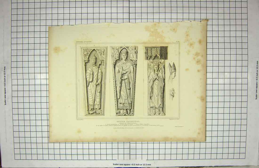 Original Old Antique Print 1825 Exeter Cathedral Effigies Bishops Bartholomew