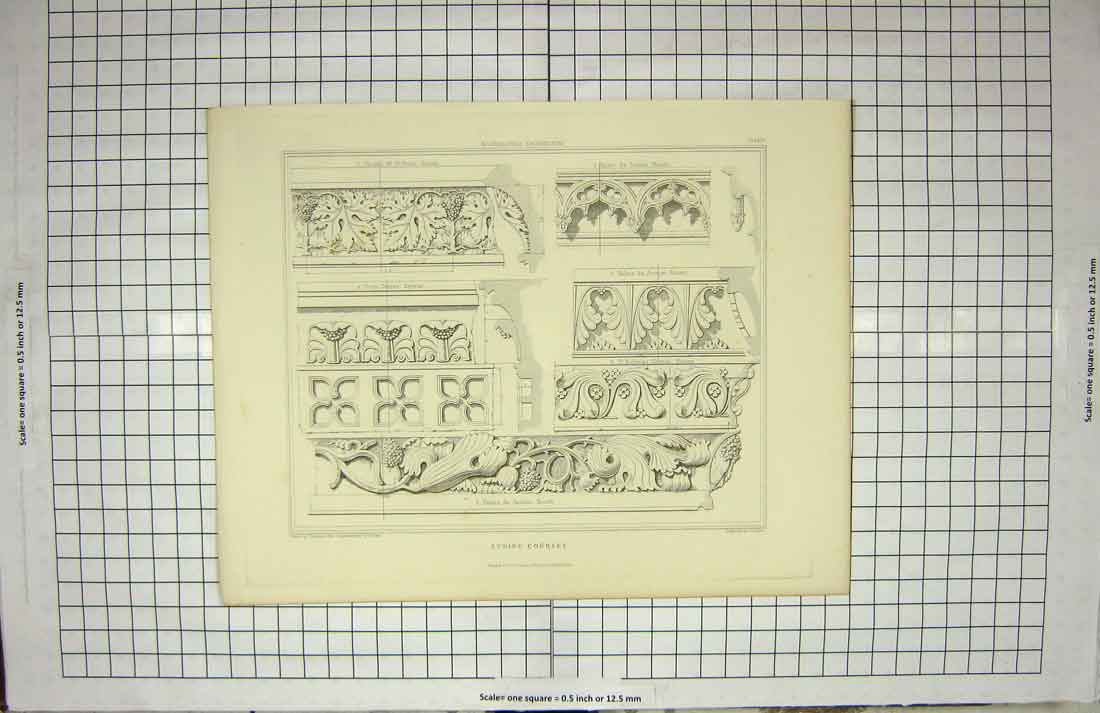Original Old Antique Print String Courses Architecture Rouen Church Keux Pugin