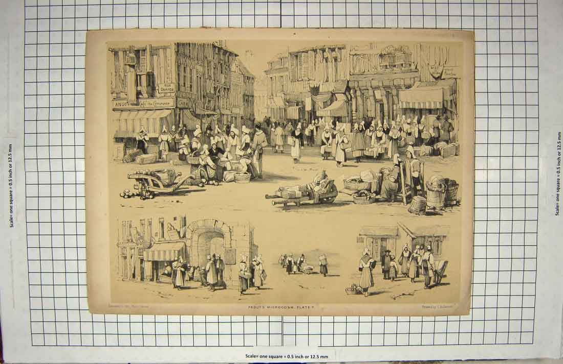 Original Old Antique Print Prout'S Microcosm Street Scene Rue Grand Hullmandel