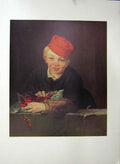 Original Old Antique Print Boy With Cherries Red Hat C.1858 19th