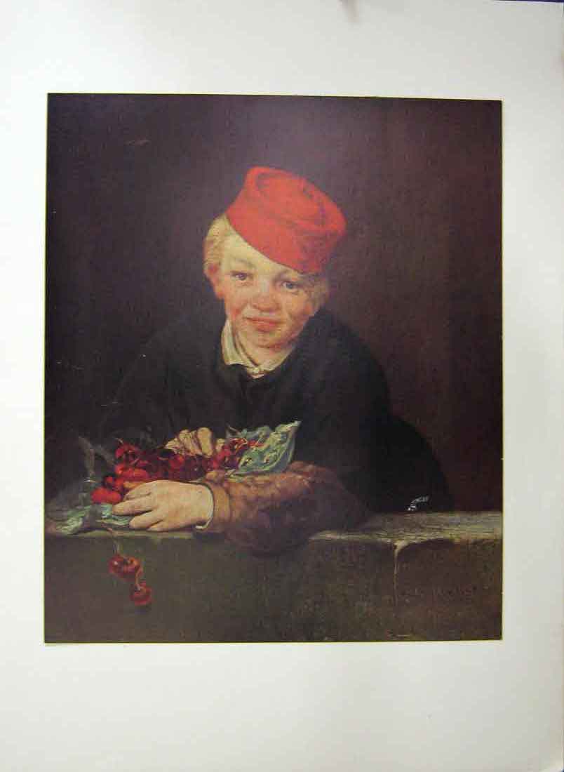 Original Old Antique Print Boy With Cherries Red Hat C.1858 19th