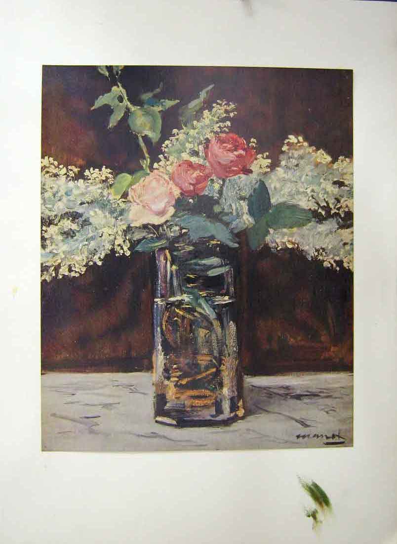 Original Old Antique Print White Lilacs And Roses C.1883 Paul Rosenburg 19th