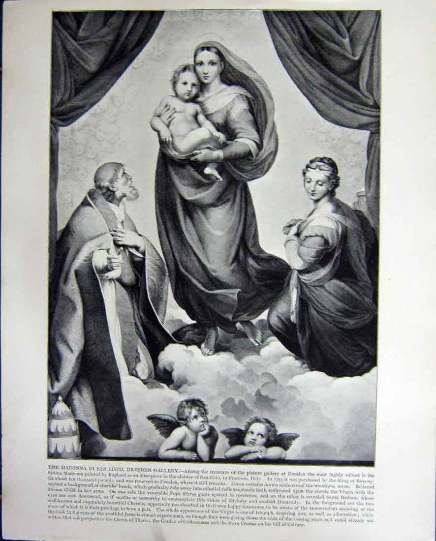 Original Old Antique Print Madonna Sisto Dresden Gallery Gutenberg Monument