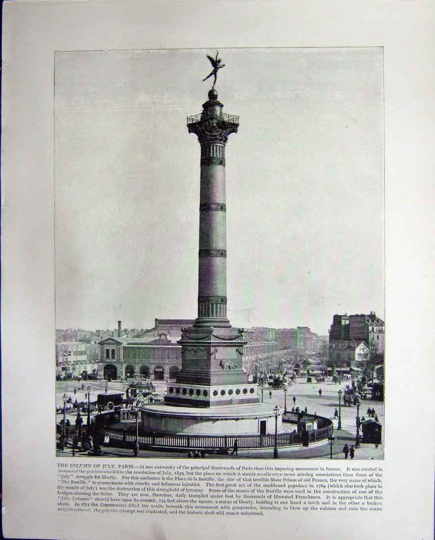 Original Old Antique Print Column July Paris Napoleon Helena Versailles France
