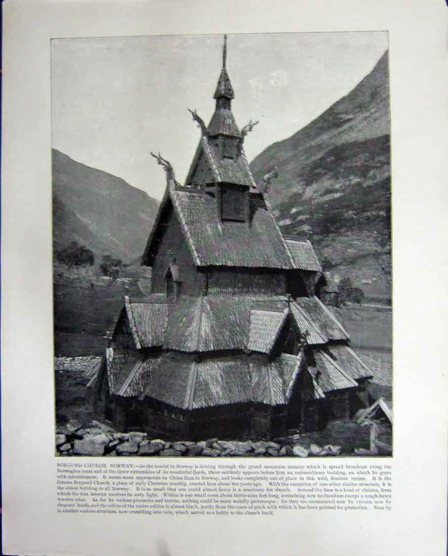 Old Antique Print Borgund Church Norway Palazzo Vecchio Florence Italy