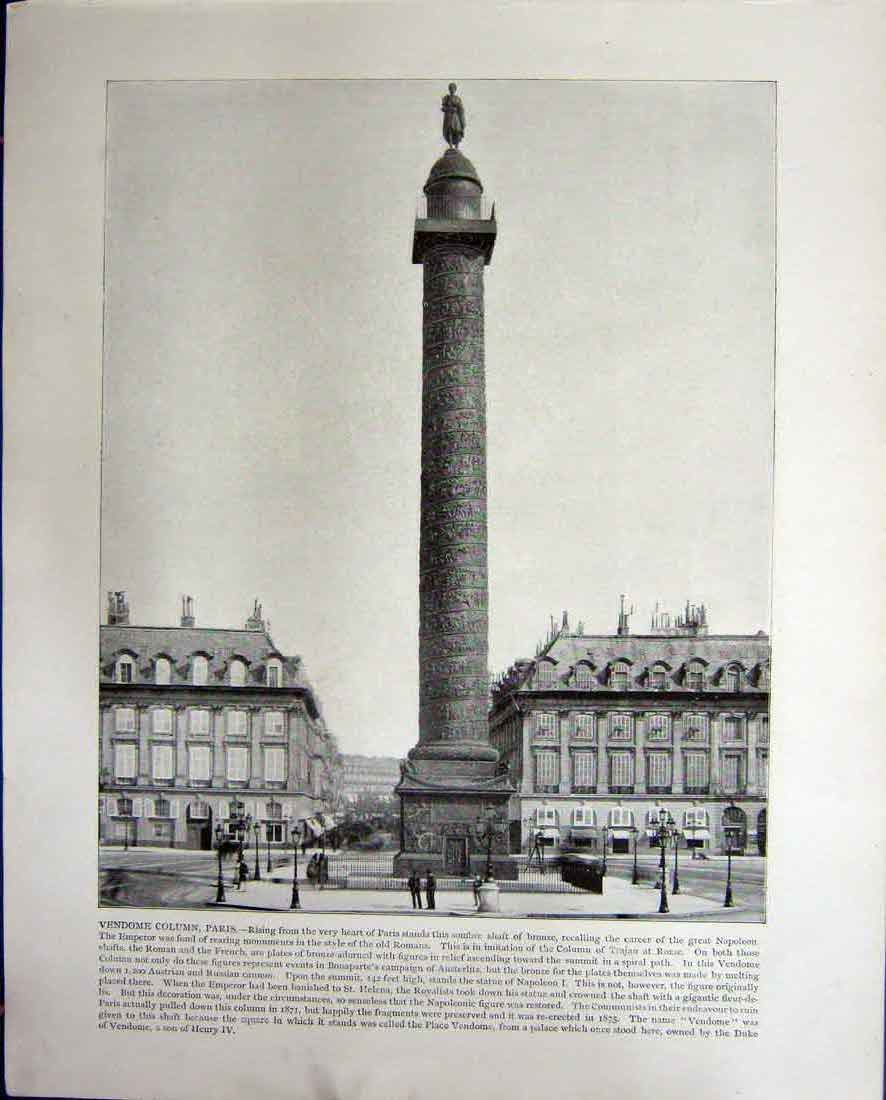 Original Old Antique Print Vendome Column Paris France Niagara Falls Canada