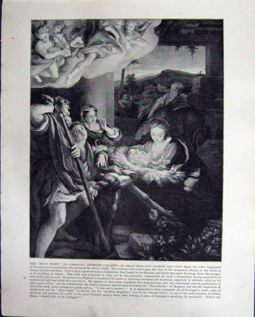 Original Old Antique Print Holy Night Dresden Gallery Rosenberg Palace Denmark