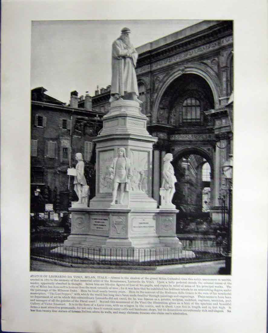 Old Antique Print Statue Leonardo Vinci Milan Italy Great Pyramid Egypt