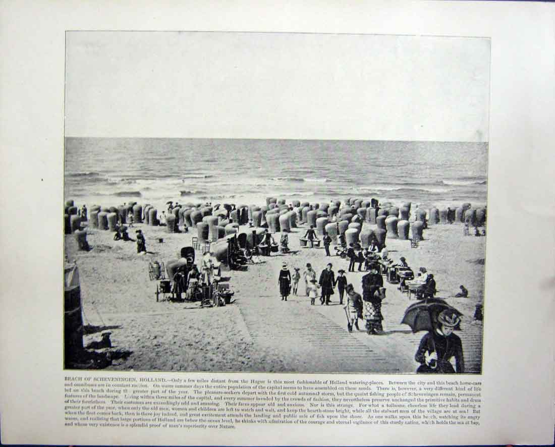 Original Old Antique Print Beach Scheveningen Holland Brandenburg Gate Berlin